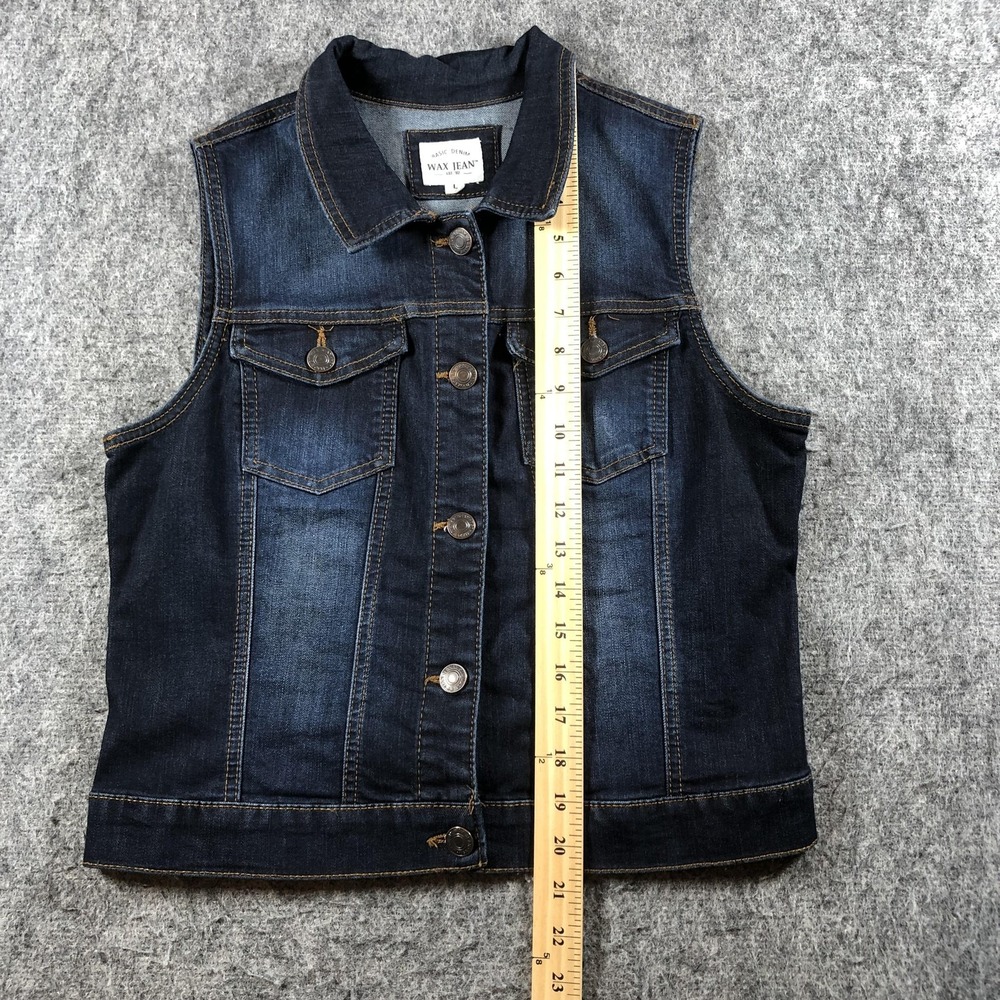 Wax Jean Womens Large Blue Stretch Denim Trucker Vest Button Front - Picture 8 of 14